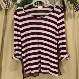 Maroon Striped Top | Sheer Panel Back | Small
